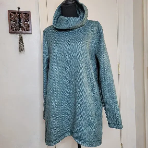 Lands End Cowl Funnel Neck Green Herringbone Fleece Pullover Tunic Sweater✨️L - Picture 13 of 13